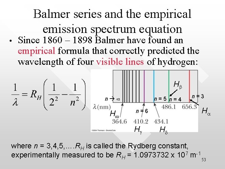 Balmer series and the empirical emission spectrum equation • Since 1860 – 1898 Balmer