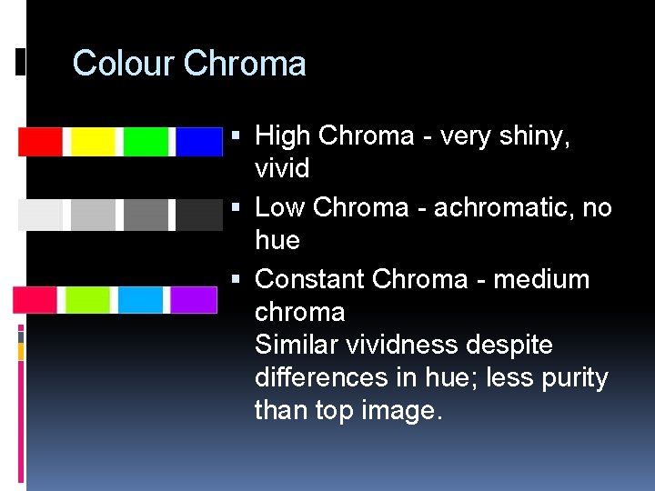 Colour Chroma High Chroma - very shiny, vivid Low Chroma - achromatic, no hue