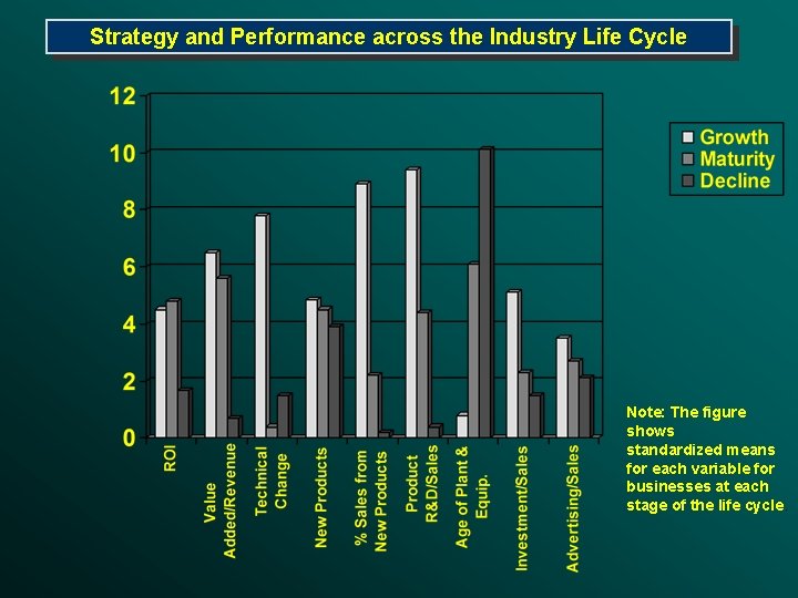 Strategy and Performance across the Industry Life Cycle Note: The figure shows standardized means