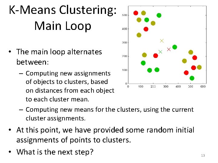 K-Means Clustering: Main Loop • The main loop alternates between: – Computing new assignments