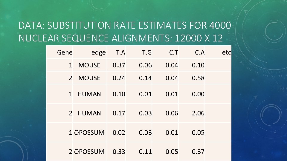 DATA: SUBSTITUTION RATE ESTIMATES FOR 4000 NUCLEAR SEQUENCE ALIGNMENTS: 12000 X 12 Gene edge