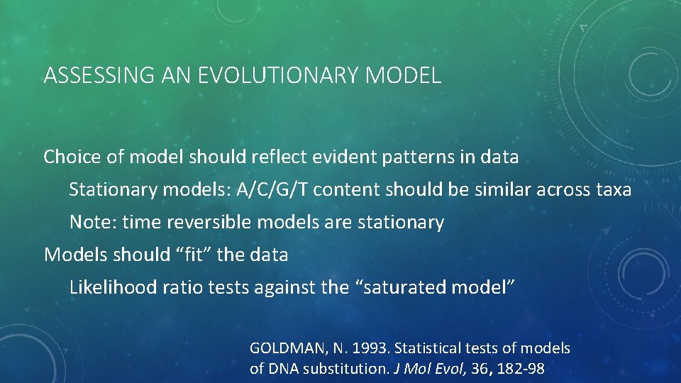 ASSESSING AN EVOLUTIONARY MODEL Choice of model should reflect evident patterns in data Stationary