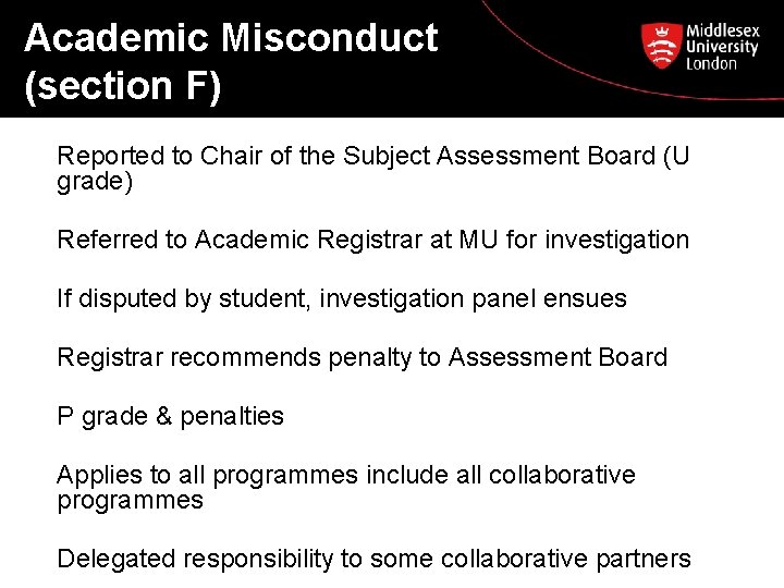 Academic Misconduct (section F) Reported to Chair of the Subject Assessment Board (U grade)