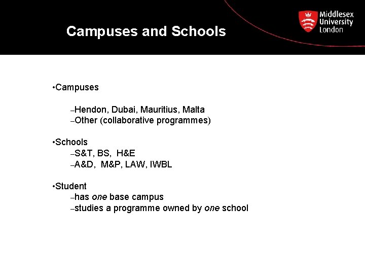 Campuses and Schools • Campuses –Hendon, Dubai, Mauritius, Malta –Other (collaborative programmes) • Schools