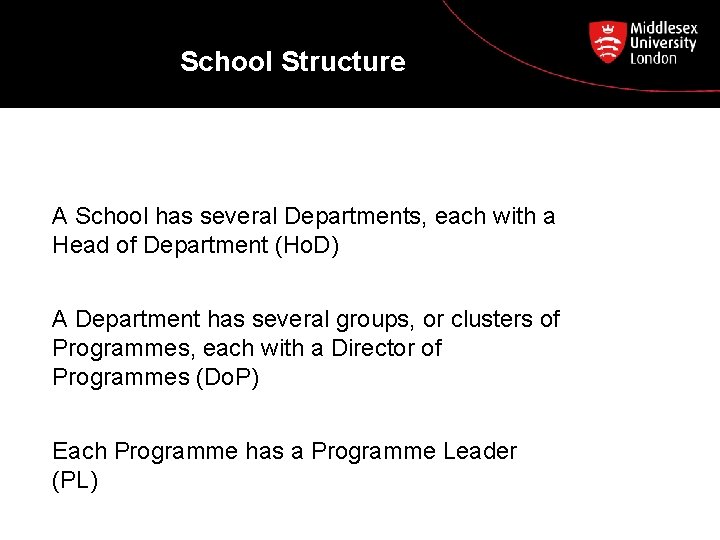 School Structure A School has several Departments, each with a Head of Department (Ho.