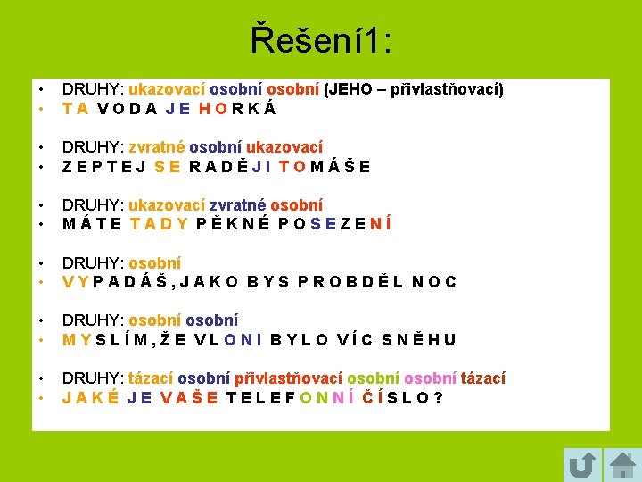 Řešení 1: • • DRUHY: ukazovací osobní (JEHO – přivlastňovací) TA VODA JE HORKÁ