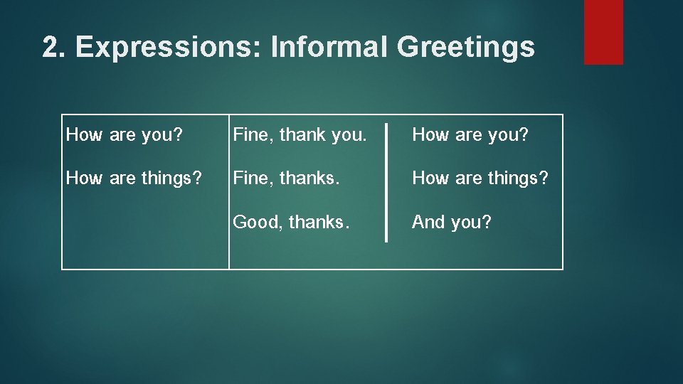 2. Expressions: Informal Greetings How are you? Fine, thank you. How are you? How