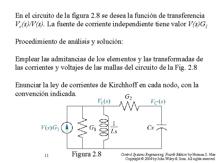 En el circuito de la figura 2. 8 se desea la función de transferencia