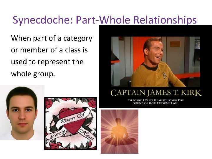 Synecdoche: Part-Whole Relationships When part of a category or member of a class is Synecdoche: Part-Whole Relationships When part of a category or member of a class is