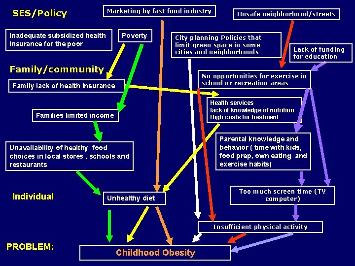 SES/Policy Marketing by fast food industry Inadequate subsidized health Insurance for the poor Poverty