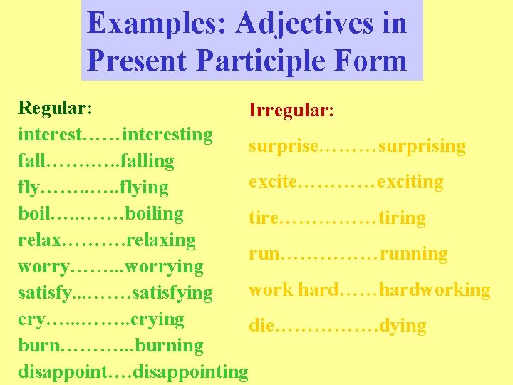 Examples: Adjectives in Present Participle Form Regular: Irregular: interest……interesting surprise………surprising fall……. …. . falling