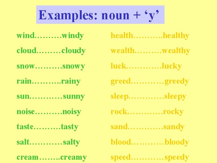 Examples: noun + ‘y’ wind………. windy health………. . healthy cloud………cloudy wealth………. wealthy snow………. snowy