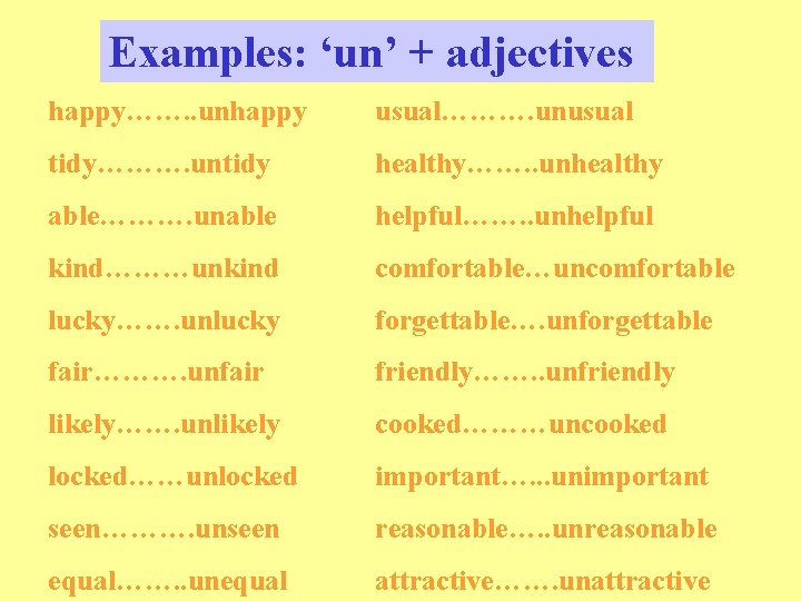 Examples: ‘un’ + adjectives happy……. . unhappy usual………. unusual tidy………. untidy healthy……. . unhealthy