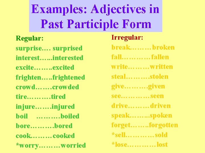 Examples: Adjectives in Past Participle Form Regular: surprise…. surprised interest…. . . interested excite…….