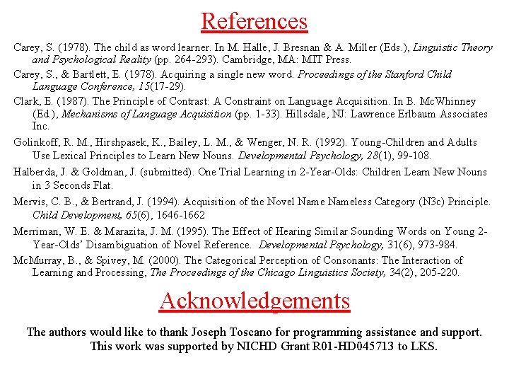 References Carey, S. (1978). The child as word learner. In M. Halle, J. Bresnan References Carey, S. (1978). The child as word learner. In M. Halle, J. Bresnan