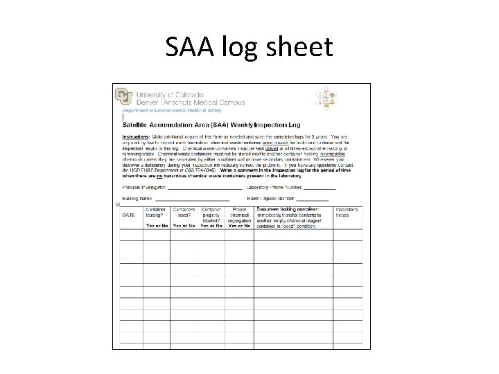 SAA log sheet 
