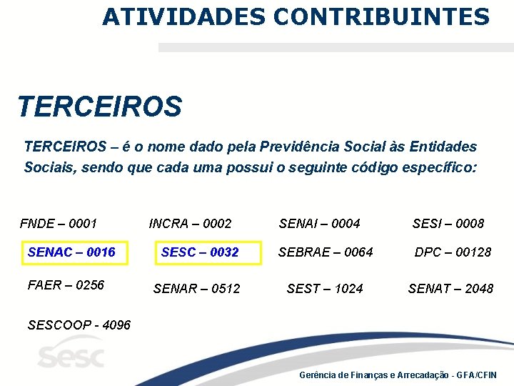 ATIVIDADES CONTRIBUINTES TERCEIROS – é o nome dado pela Previdência Social às Entidades Sociais,