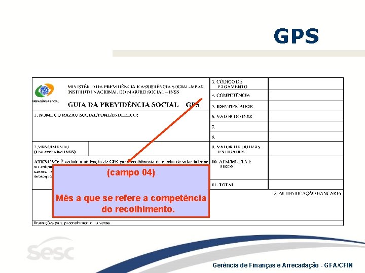 GPS (campo 04) Mês a que se refere a competência do recolhimento. Gerência de