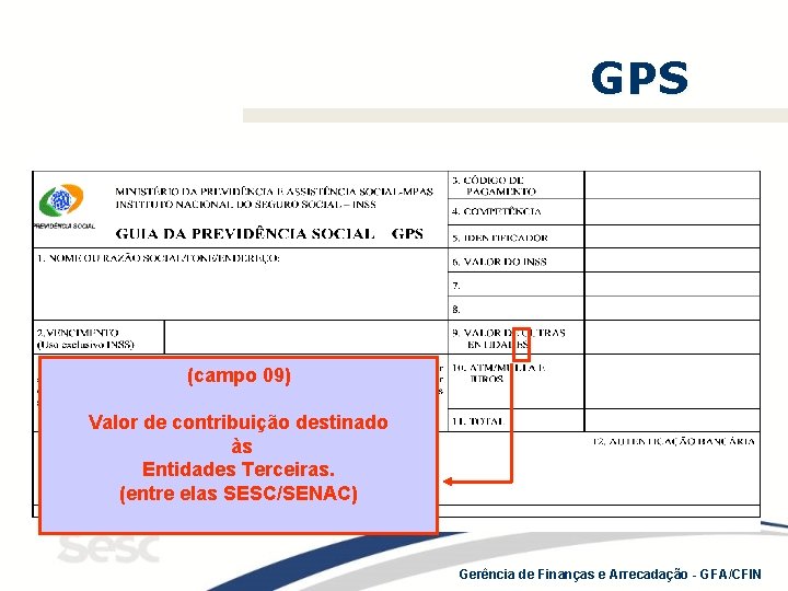 GPS (campo 09) Valor de contribuição destinado às Entidades Terceiras. (entre elas SESC/SENAC) Gerência