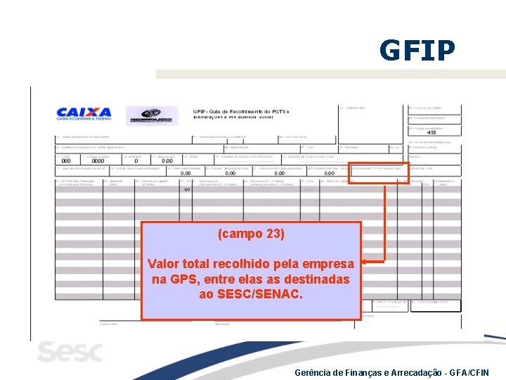 GFIP (campo 23) Valor total recolhido pela empresa na GPS, entre elas as destinadas