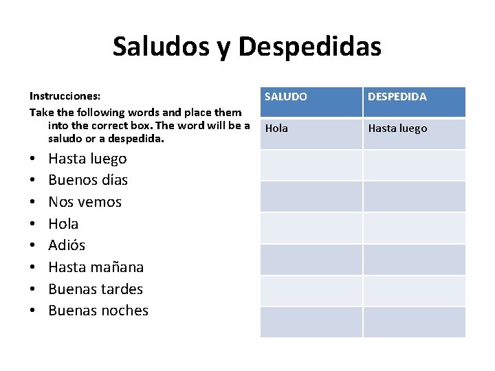 Saludos y Despedidas Instrucciones: SALUDO Take the following words and place them into the