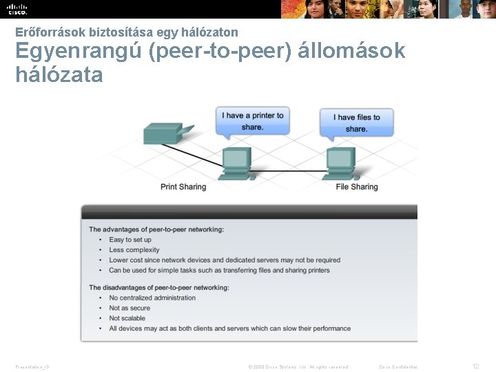 Erőforrások biztosítása egy hálózaton Egyenrangú (peer-to-peer) állomások hálózata Presentation_ID © 2008 Cisco Systems, Inc.