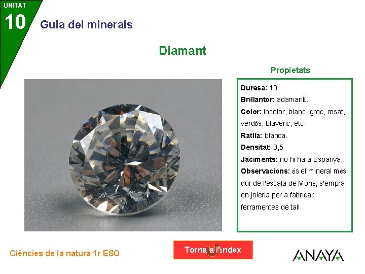 UNITAT 10 3 Guia del minerals Diamant Propietats Duresa: 10 Brillantor: adamantí. Color: incolor,