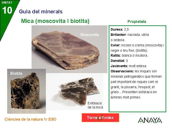 UNITAT 10 3 Guia del minerals Mica (moscovita i biotita) Propietats Duresa: 2, 5