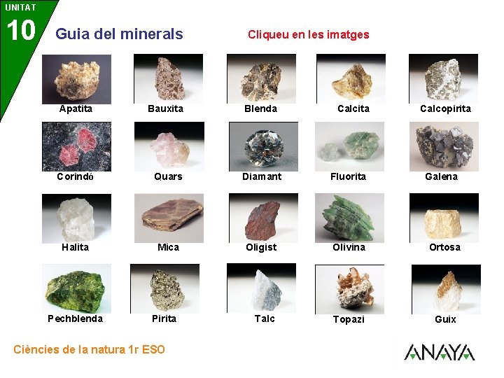 UNITAT 10 3 Guia del minerals Cliqueu en les imatges Apatita Bauxita Blenda Corindó