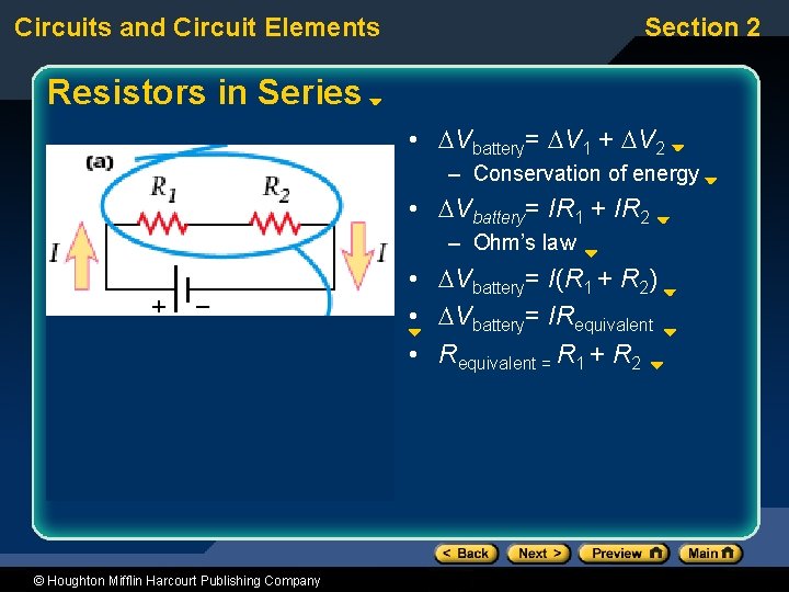 Circuits and Circuit Elements Section 2 Resistors in Series • Vbattery= V 1 +