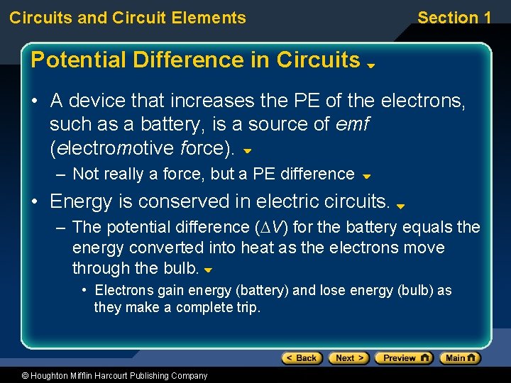 Circuits and Circuit Elements Section 1 Potential Difference in Circuits • A device that