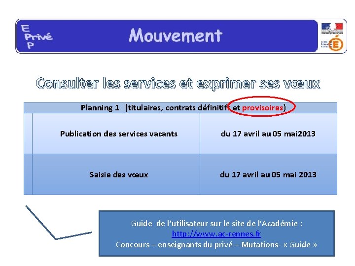 Consulter les services et exprimer ses vœux Planning 1 (titulaires, contrats définitifs et provisoires)