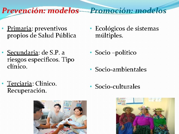 Prevención: modelos Promoción: modelos • Primaria: preventivos propios de Salud Pública • Ecológicos de