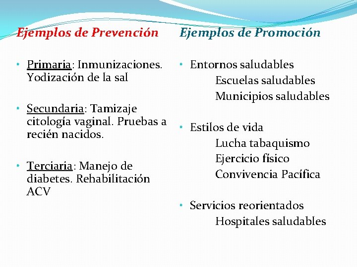 Ejemplos de Prevención Ejemplos de Promoción • Primaria: Inmunizaciones. Yodización de la sal •