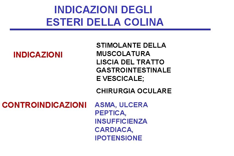 INDICAZIONI DEGLI ESTERI DELLA COLINA INDICAZIONI STIMOLANTE DELLA MUSCOLATURA LISCIA DEL TRATTO GASTROINTESTINALE E