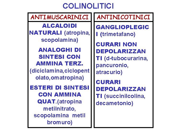 COLINOLITICI ANTIMUSCARINICI ANTINICOTINICI ALCALOIDI GANGLIOPLEGIC NATURALI (atropina, I (trimetafano) scopolamina) CURARI NON ANALOGHI DI