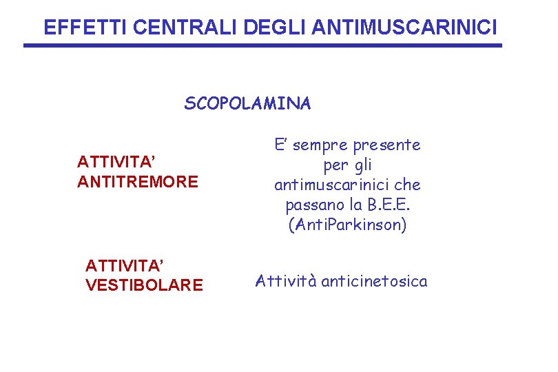 EFFETTI CENTRALI DEGLI ANTIMUSCARINICI SCOPOLAMINA ATTIVITA’ ANTITREMORE ATTIVITA’ VESTIBOLARE E’ sempre presente per gli