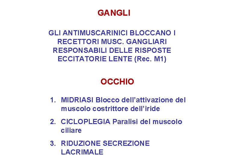 GANGLI ANTIMUSCARINICI BLOCCANO I RECETTORI MUSC. GANGLIARI RESPONSABILI DELLE RISPOSTE ECCITATORIE LENTE (Rec. M