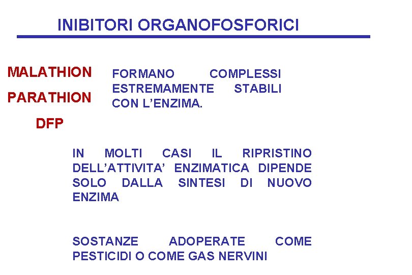 INIBITORI ORGANOFOSFORICI MALATHION PARATHION FORMANO COMPLESSI ESTREMAMENTE STABILI CON L’ENZIMA. DFP IN MOLTI CASI