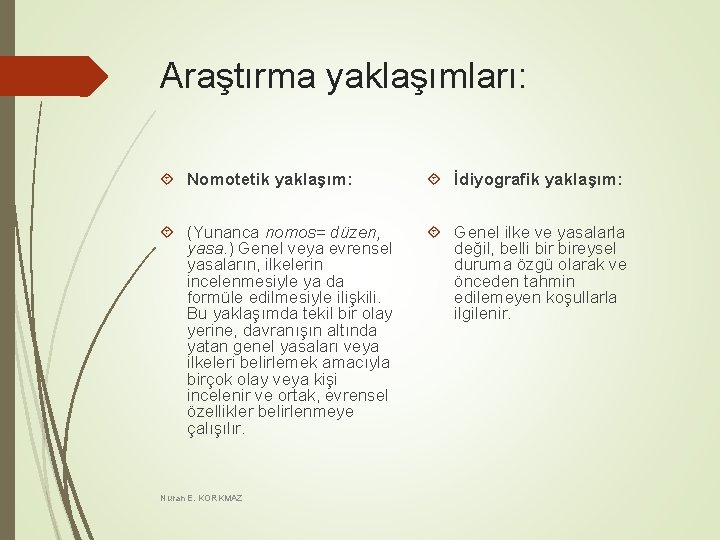 Araştırma yaklaşımları: Nomotetik yaklaşım: İdiyografik yaklaşım: (Yunanca nomos= düzen, yasa. ) Genel veya evrensel