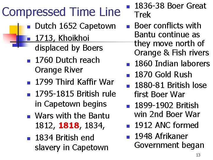 Compressed Time Line n n n n Dutch 1652 Capetown 1713, Khoikhoi displaced by