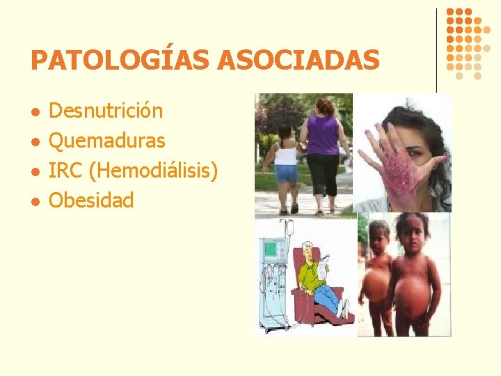 PATOLOGÍAS ASOCIADAS l l Desnutrición Quemaduras IRC (Hemodiálisis) Obesidad 