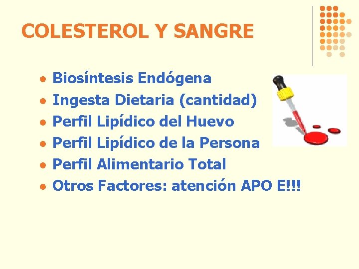 COLESTEROL Y SANGRE l l l Biosíntesis Endógena Ingesta Dietaria (cantidad) Perfil Lipídico del