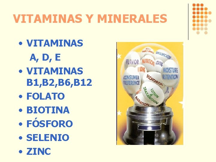 VITAMINAS Y MINERALES • VITAMINAS A, D, E • VITAMINAS B 1, B 2,