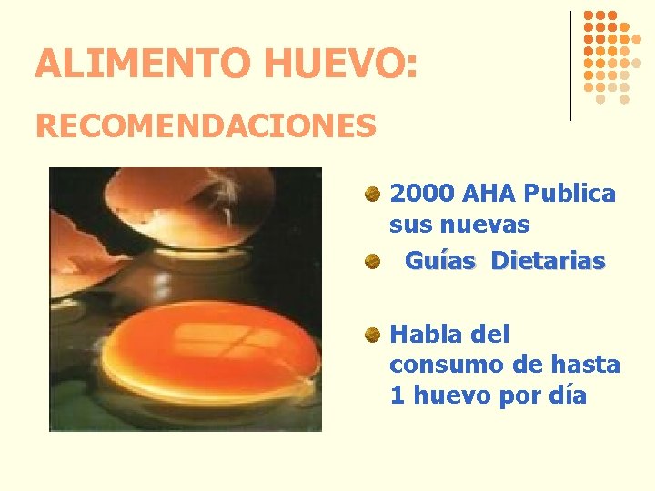 ALIMENTO HUEVO: RECOMENDACIONES 2000 AHA Publica sus nuevas Guías Dietarias Habla del consumo de