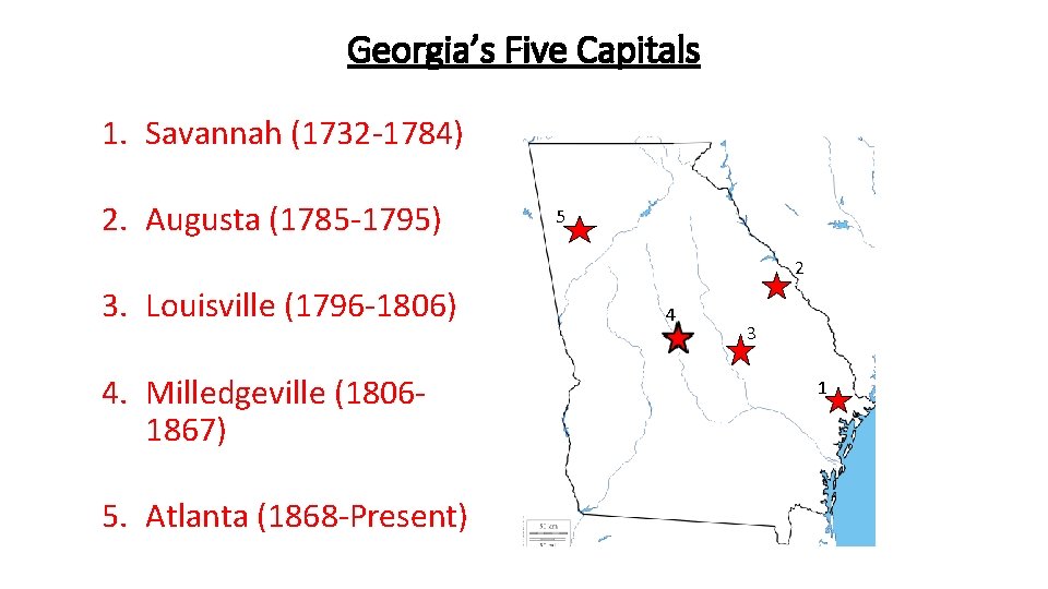 Georgia’s Five Capitals 1. Savannah (1732 -1784) 2. Augusta (1785 -1795) 5 2 3. Georgia’s Five Capitals 1. Savannah (1732 -1784) 2. Augusta (1785 -1795) 5 2 3.