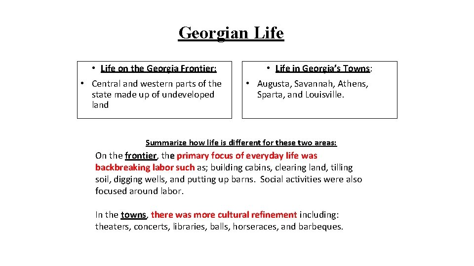 Georgian Life • Life on the Georgia Frontier: • Central and western parts of Georgian Life • Life on the Georgia Frontier: • Central and western parts of