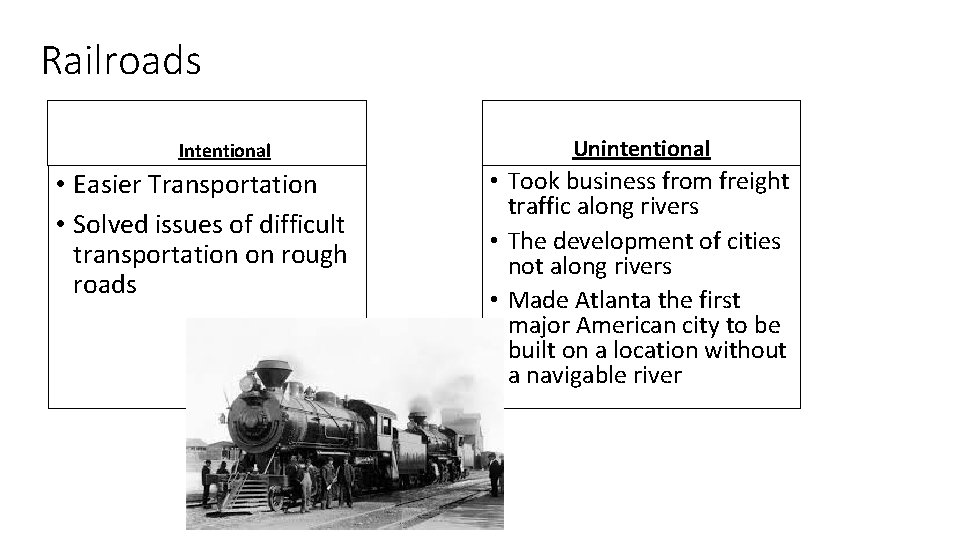 Railroads Intentional • Easier Transportation • Solved issues of difficult transportation on rough roads Railroads Intentional • Easier Transportation • Solved issues of difficult transportation on rough roads