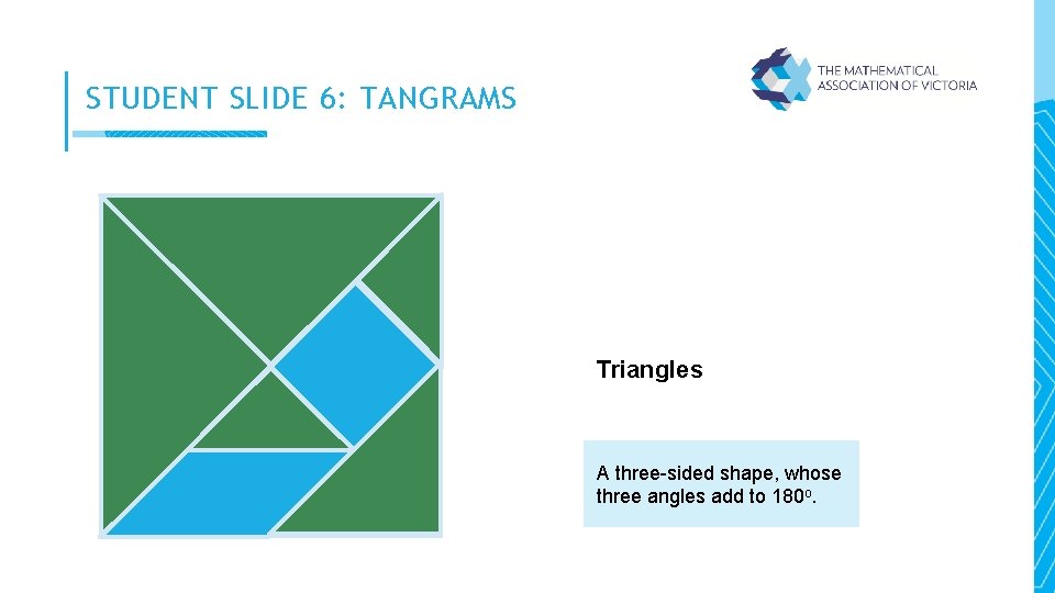 STUDENT SLIDE 6: TANGRAMS Triangles A three-sided shape, whose three angles add to 180