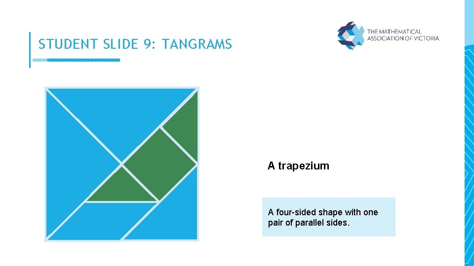 STUDENT SLIDE 9: TANGRAMS A trapezium A four-sided shape with one pair of parallel